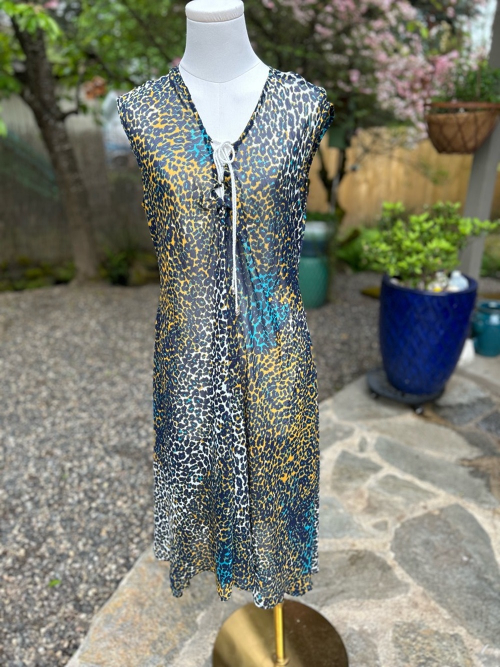Erika Sleeveless Leopard Print Tie-Front Cover-up in Blue, Gold & Teal
